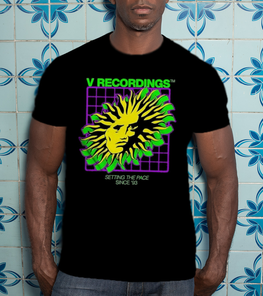 V Recordings Setting The Pace Since 93 Sunburst Face Retro Grid T-Shirt