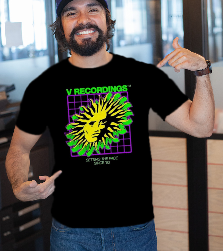 V Recordings Setting The Pace Since 93 Sunburst Face Retro Grid T-Shirt