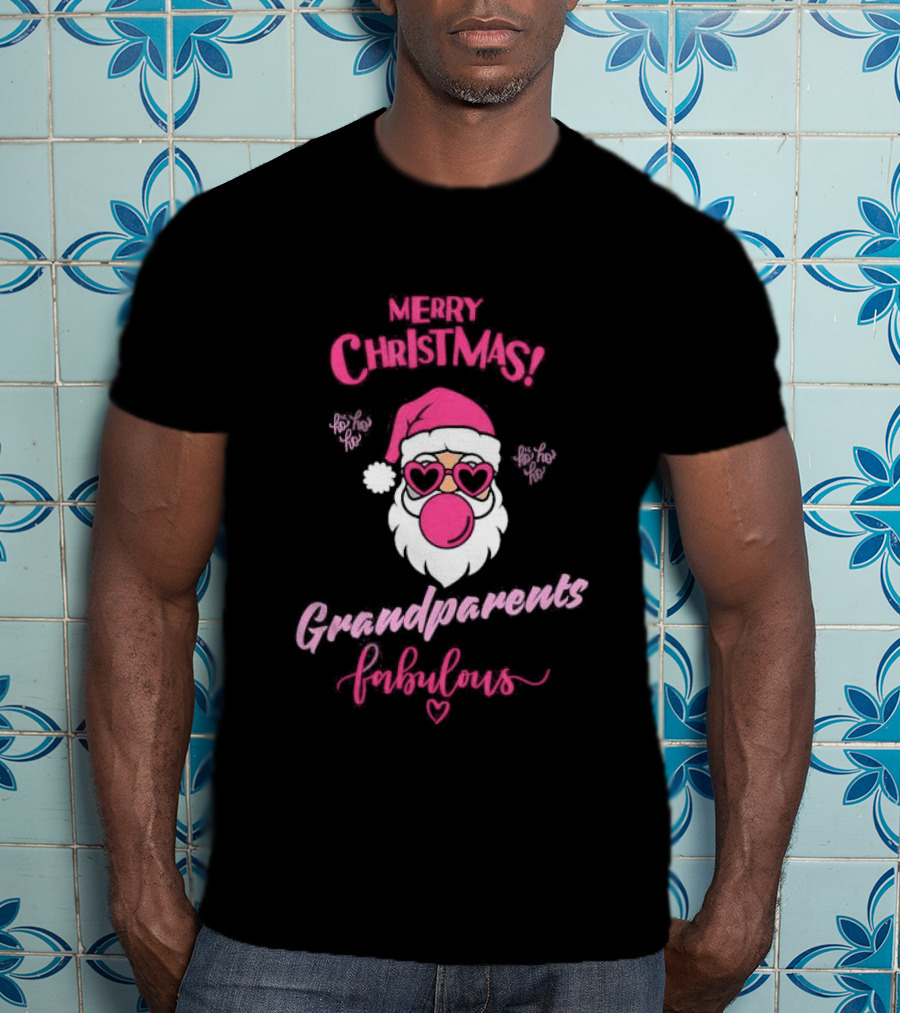 Merry Christmas Grandparents Fabulous Pink Santa Claus Heart Glasses T-Shirt