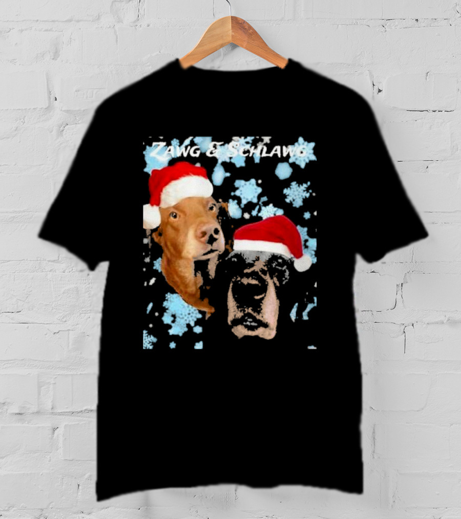Zawg And Schlawg Christmas Dogs With Santa Hats And Snowflakes T-Shirt