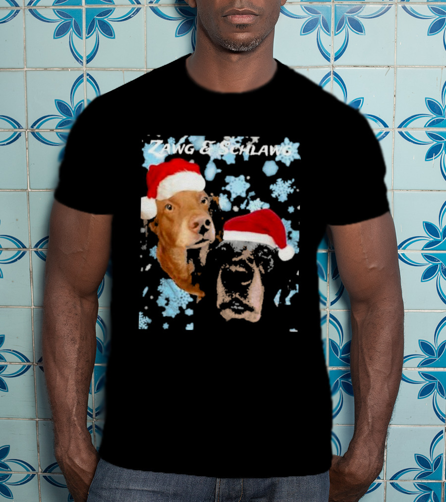 Zawg And Schlawg Christmas Dogs With Santa Hats And Snowflakes T-Shirt
