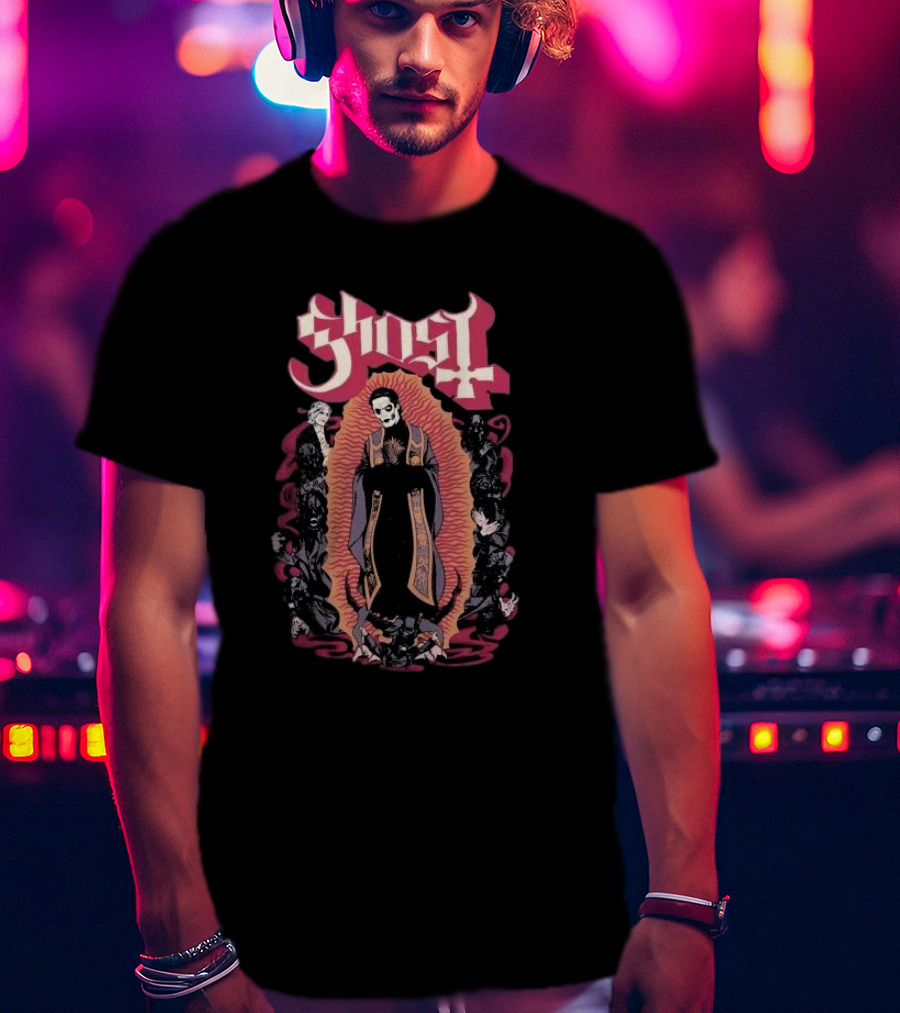 Ghost Ritual Skull Priest With Red Halo And Surrounding Figures T-Shirt