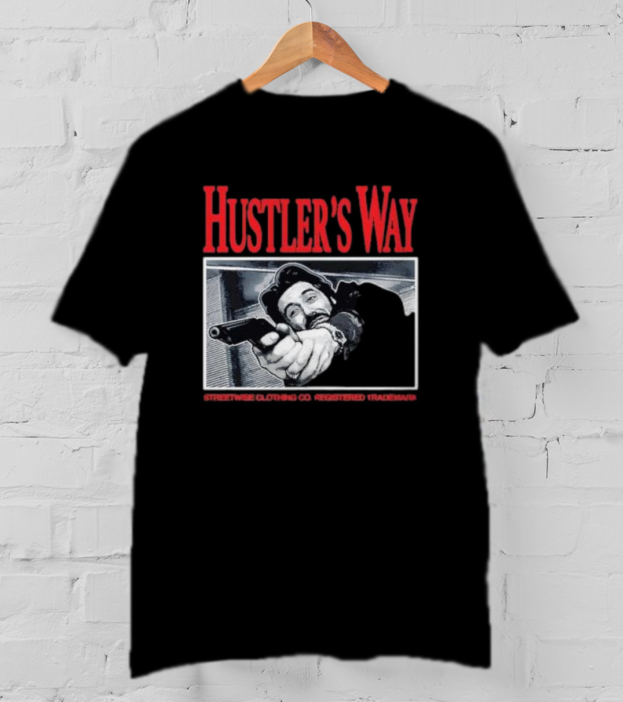 Hustler's Way Streetwise Clothing Co Registered Trademark Gunman Scene T-Shirt