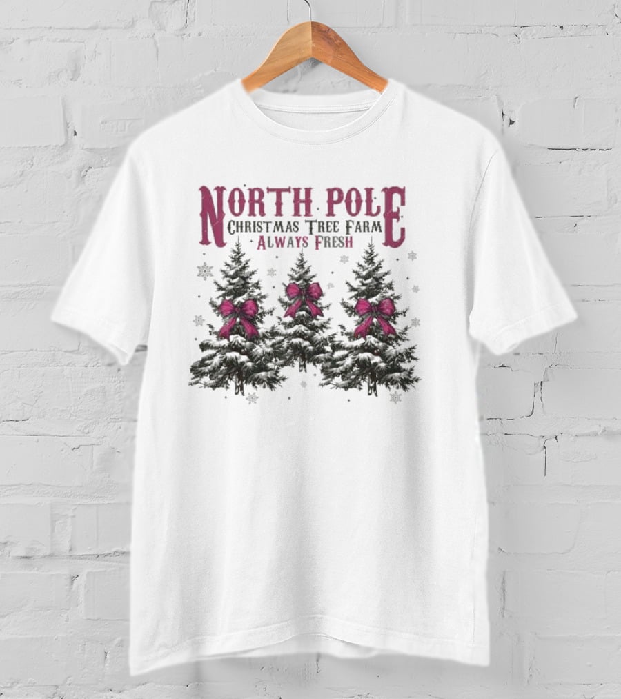North Pole Christmas Tree Farm Always Fresh Snowy Trees With Red Bows T-Shirt