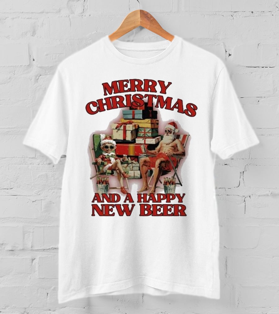 Merry Christmas And A Happy New Beer Skeleton Santa And Elf With Gifts T-Shirt