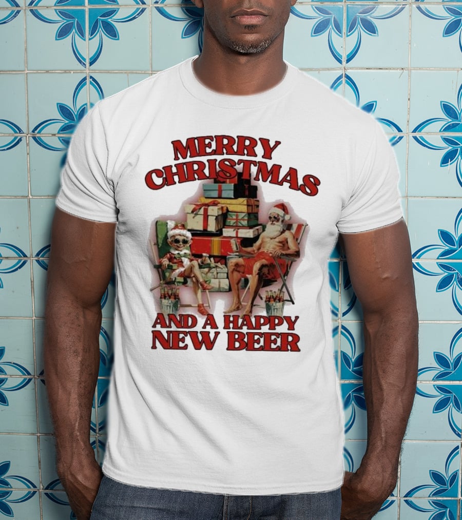 Merry Christmas And A Happy New Beer Skeleton Santa And Elf With Gifts T-Shirt