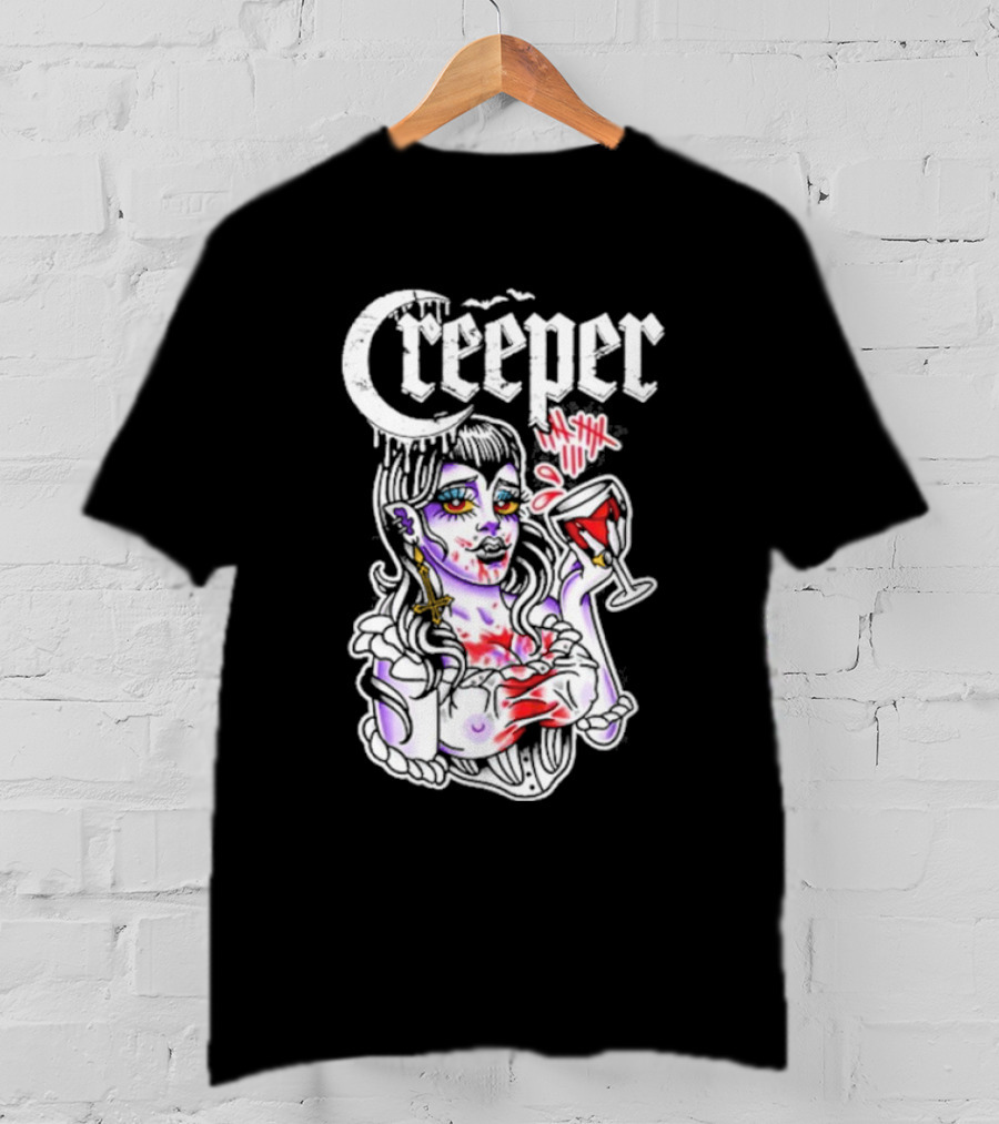 Creeper Vampire Lady With Wine Glass And Blood Splatter T-Shirt