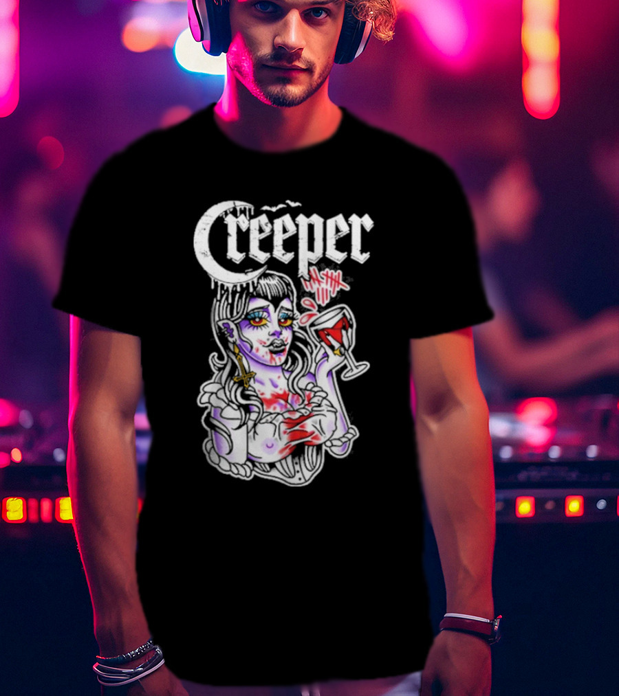 Creeper Vampire Lady With Wine Glass And Blood Splatter T-Shirt