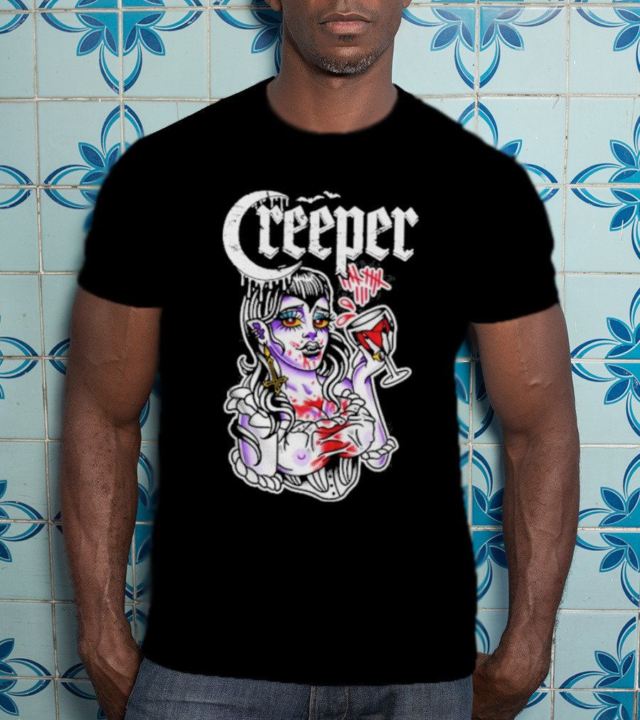 Creeper Vampire Lady With Wine Glass And Blood Splatter T-Shirt