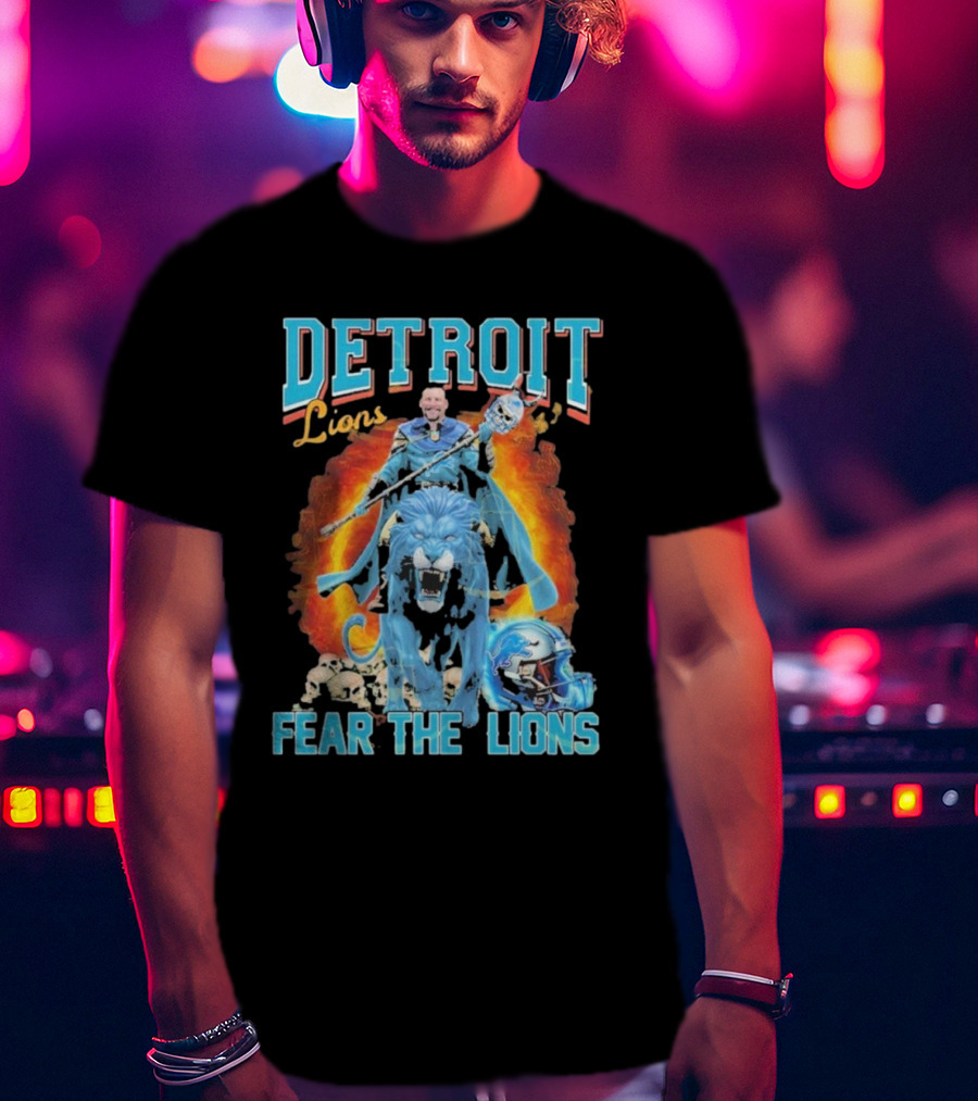Detroit Lions Fear The Lions Blue Flame Warrior Helmets Skulls T-Shirt