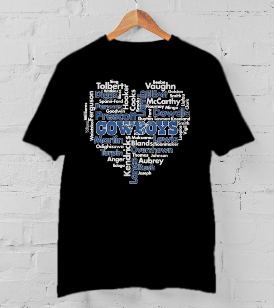 Dallas Cowboys Heart With Player Names Prescott Parsons Diggs Elliott T-Shirt