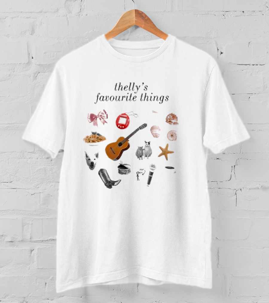 Thelly's Favourite Things Guitar Animals Microphone Starfish Shells Cowboy Boot Bow Pasta Tamagotchi T-Shirt