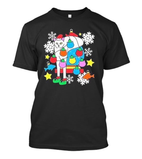 Weird Little Holiday Cat With Santa Hat And Colorful Baubles Christmas T-Shirt