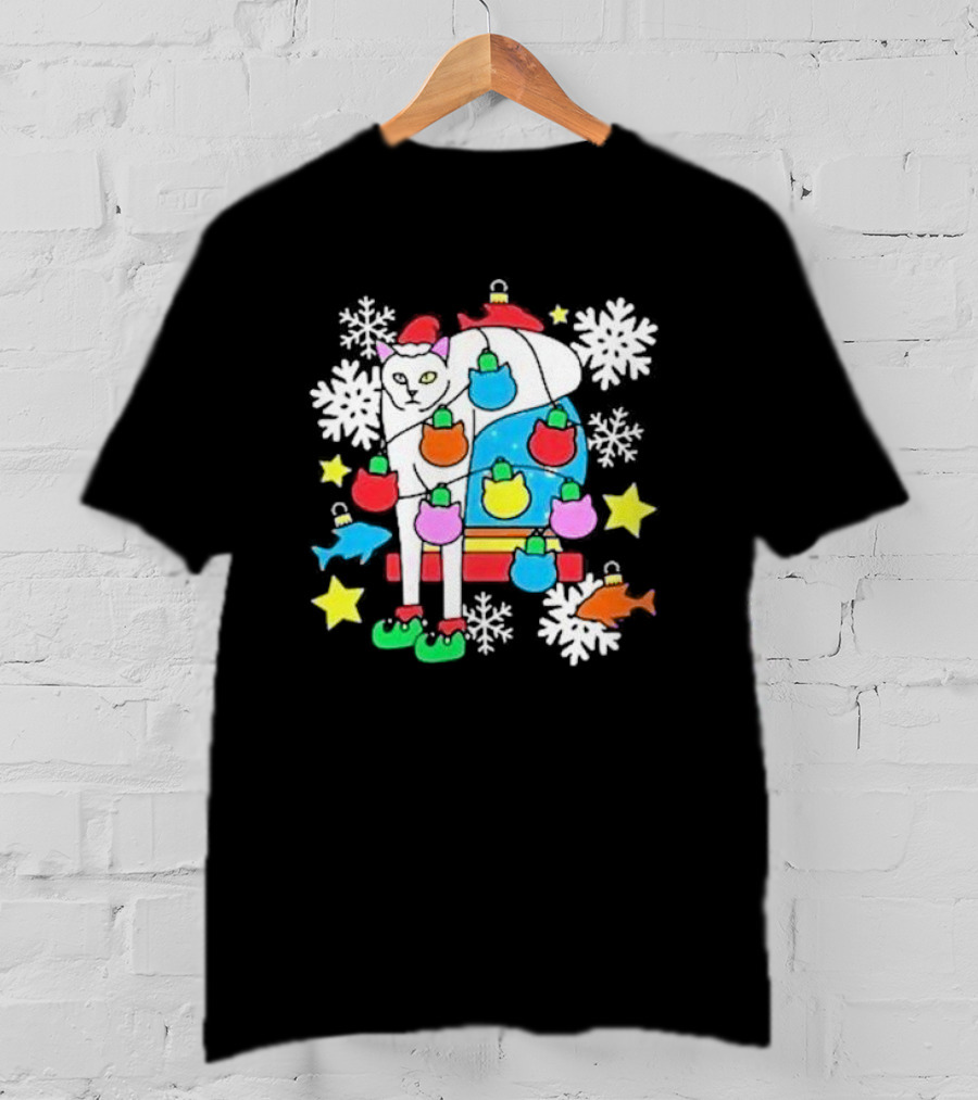 Weird Little Holiday Cat With Santa Hat And Colorful Baubles Christmas T-Shirt