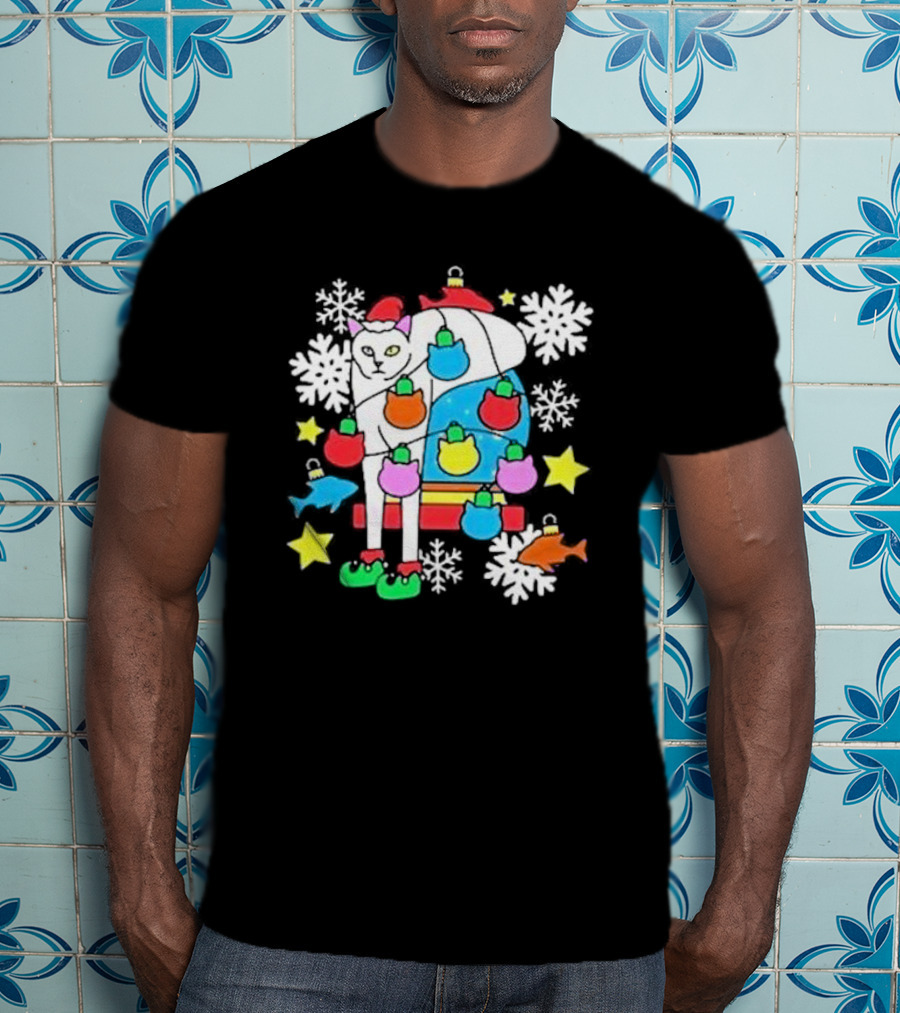 Weird Little Holiday Cat With Santa Hat And Colorful Baubles Christmas T-Shirt
