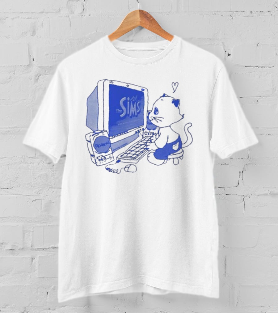 The Sims Loading Screen Cat Computer 90s Nostalgia Blue Graphics T-Shirt