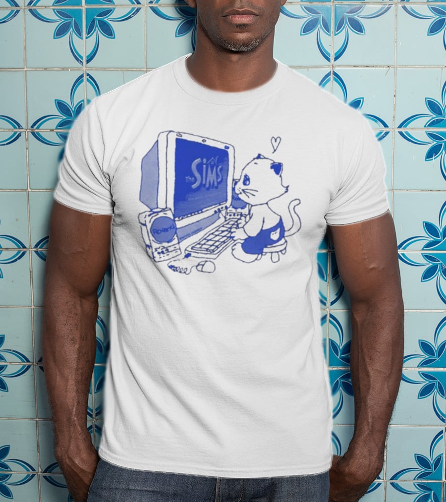 The Sims Loading Screen Cat Computer 90s Nostalgia Blue Graphics T-Shirt