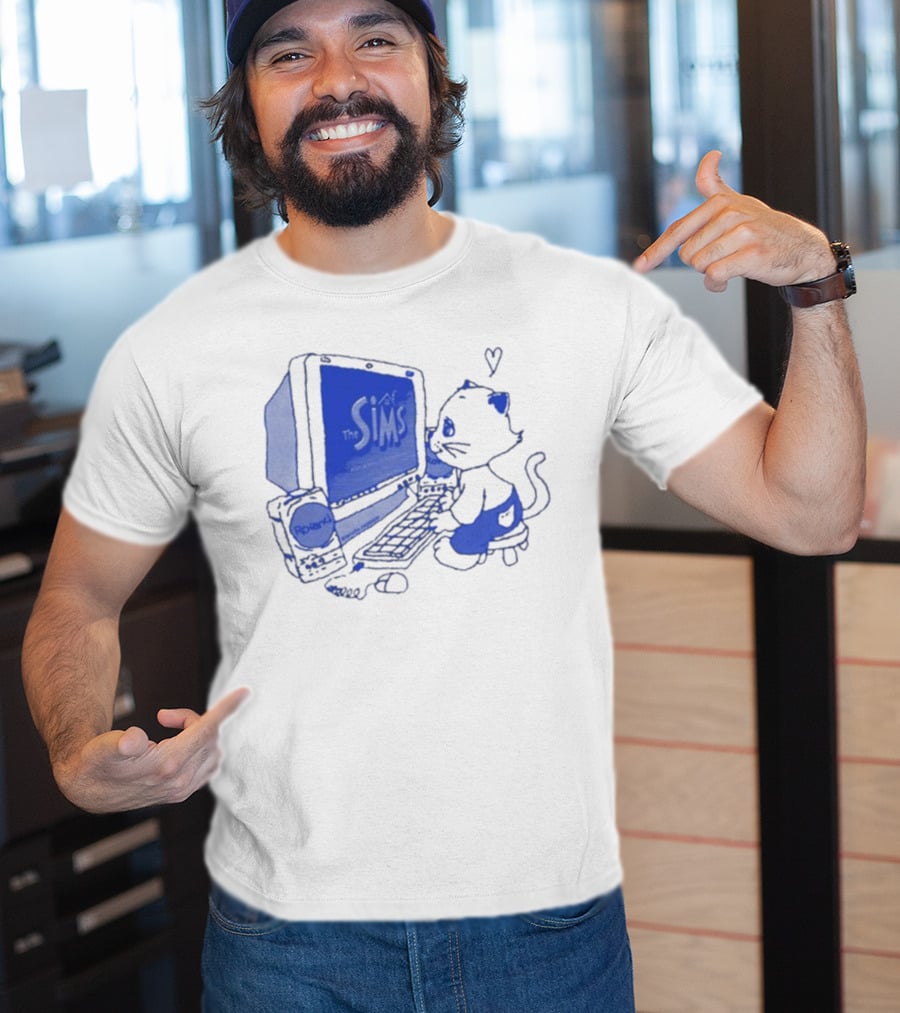The Sims Loading Screen Cat Computer 90s Nostalgia Blue Graphics T-Shirt