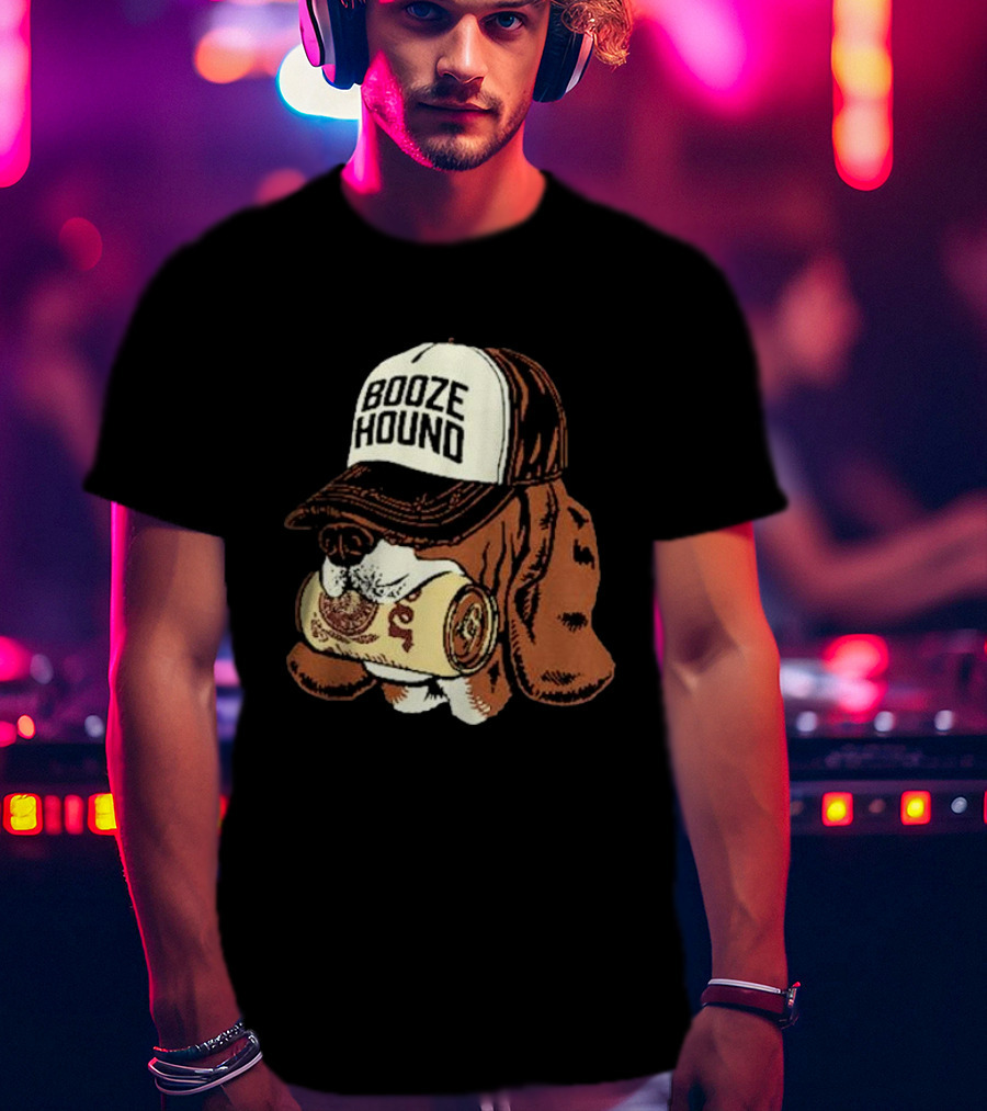 Booze Hound Dog Wearing Cap Holding Beer Can T-Shirt