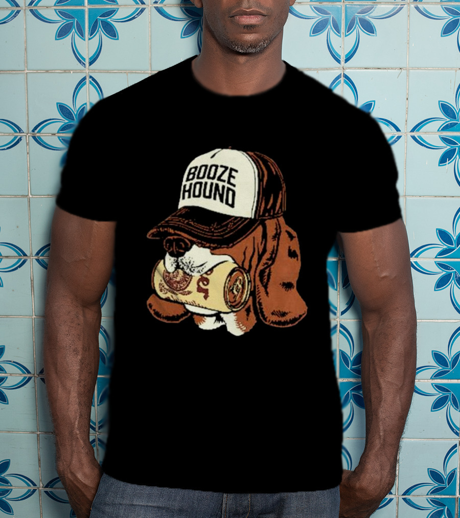 Booze Hound Dog Wearing Cap Holding Beer Can T-Shirt