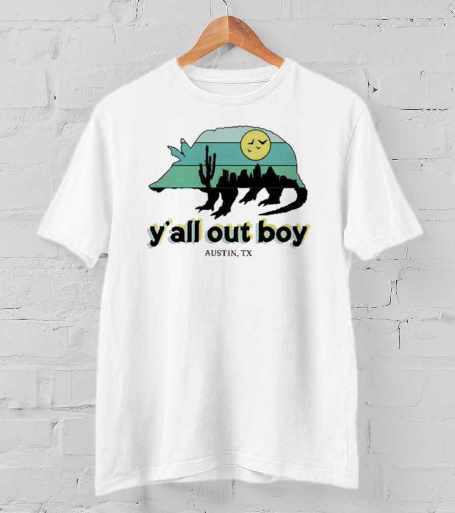 Y'all Out Boy Armadillo Austin TX Blue Gold Cactus Moon Skyline T-Shirt