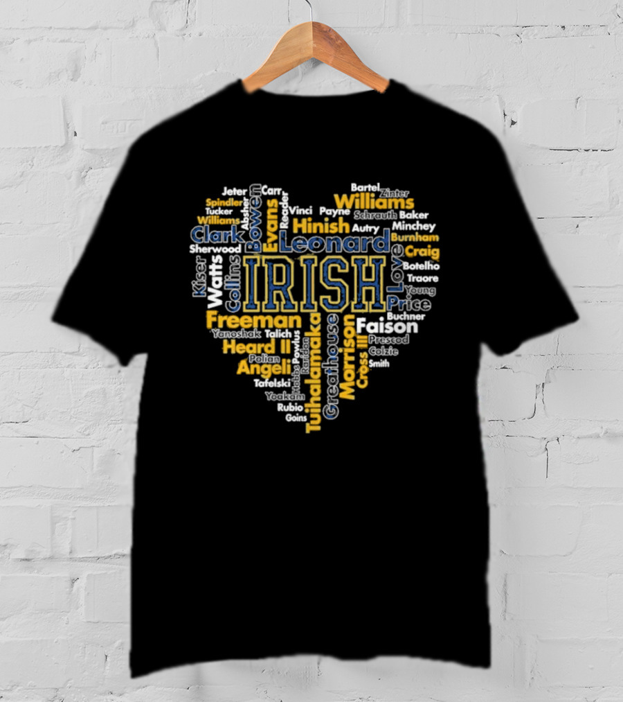 Notre Dame Fighting Irish Heart-Shaped Word Cloud Featuring Player Names For Fans And Supporters T-Shirt