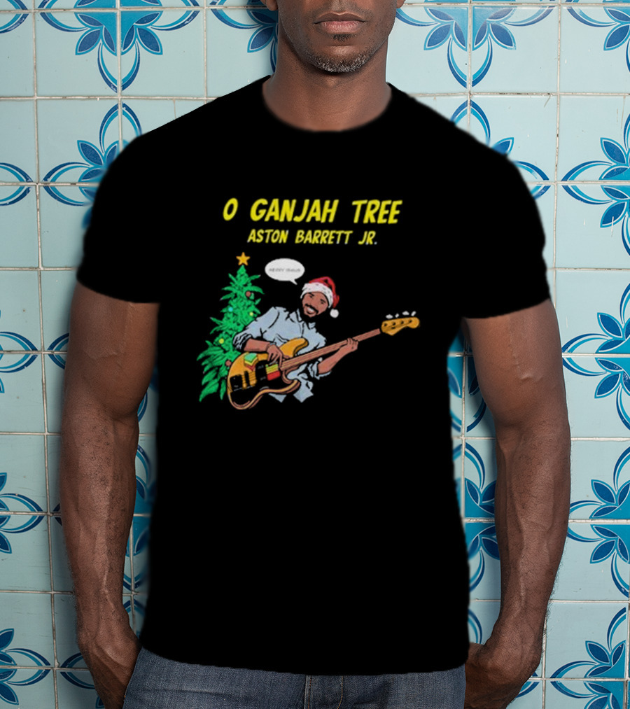 O Ganjah Tree Holiday Christmas Aston Barrett Jr Santa Hat Playing Guitar T-Shirt