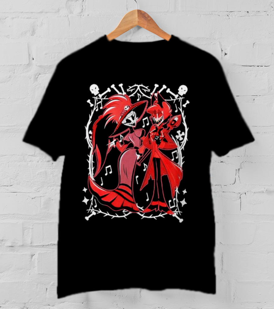 Hazbin Hotel Rosie And Alastor With Musical Notes And Skull Border T-Shirt