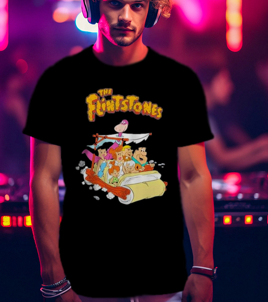 The Flintstones Family Adventure In Iconic Prehistoric Car T-Shirt