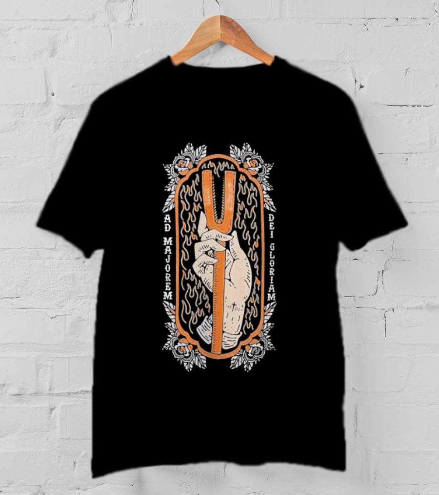 Ad Majorem Dei Gloriam Hook And Irons Hand With Flames And Roses T-Shirt