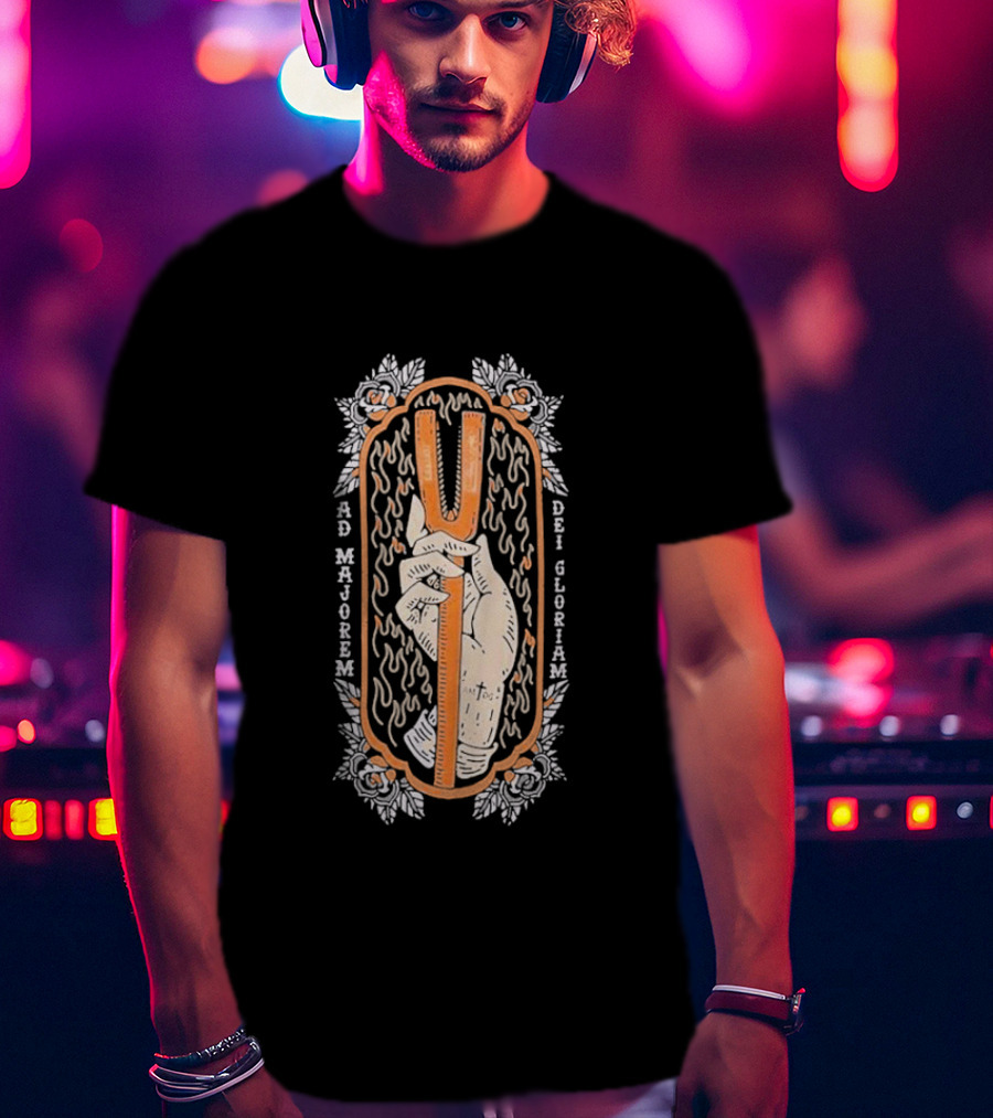 Ad Majorem Dei Gloriam Hook And Irons Hand With Flames And Roses T-Shirt