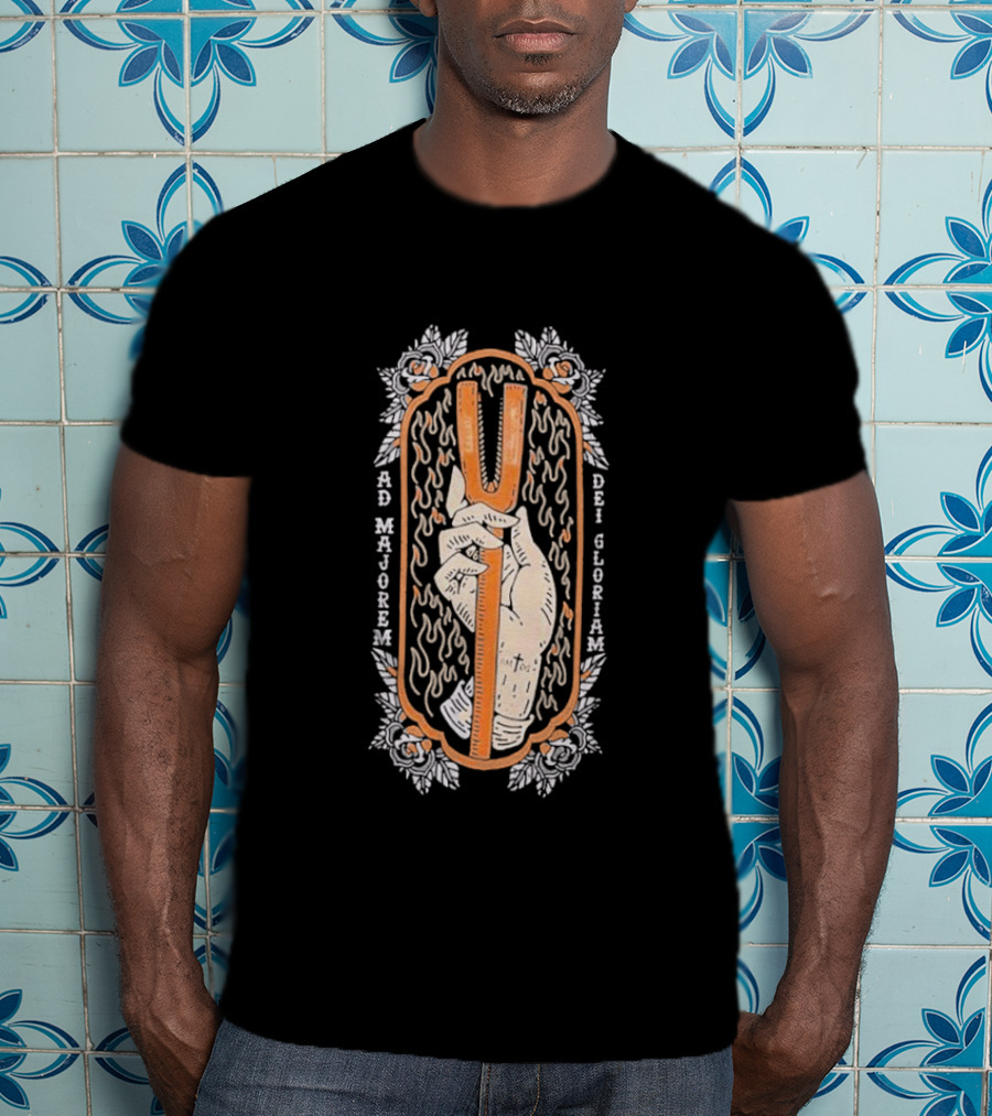 Ad Majorem Dei Gloriam Hook And Irons Hand With Flames And Roses T-Shirt