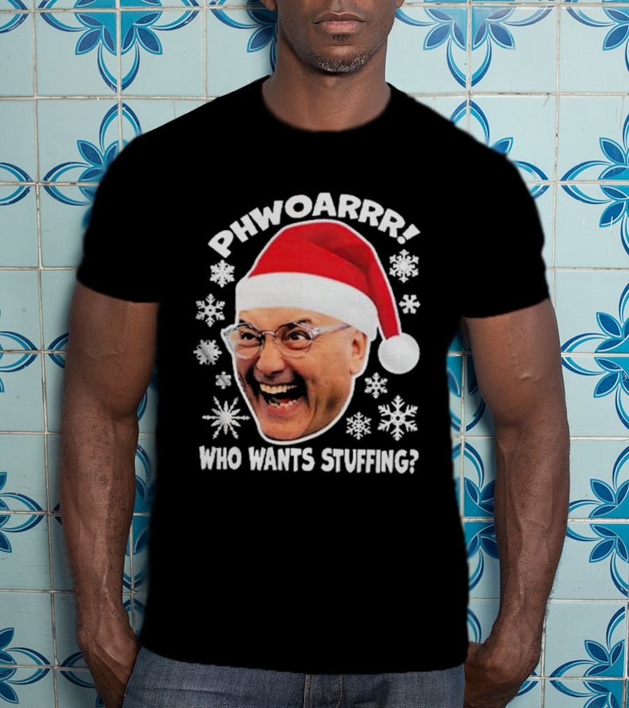 Phwoarrr Gregg Wallace Who Wants Stuffing Snowflakes Santa Hat T-Shirt