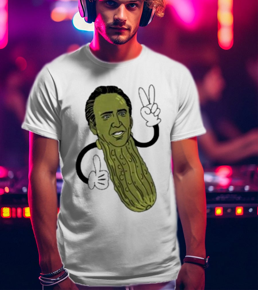 Picolas Cage Nick Cage Pickle Character With Peace Sign Christmas T-Shirt