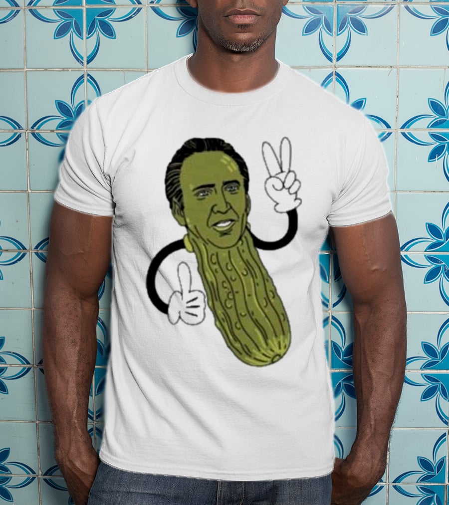 Picolas Cage Nick Cage Pickle Character With Peace Sign Christmas T-Shirt