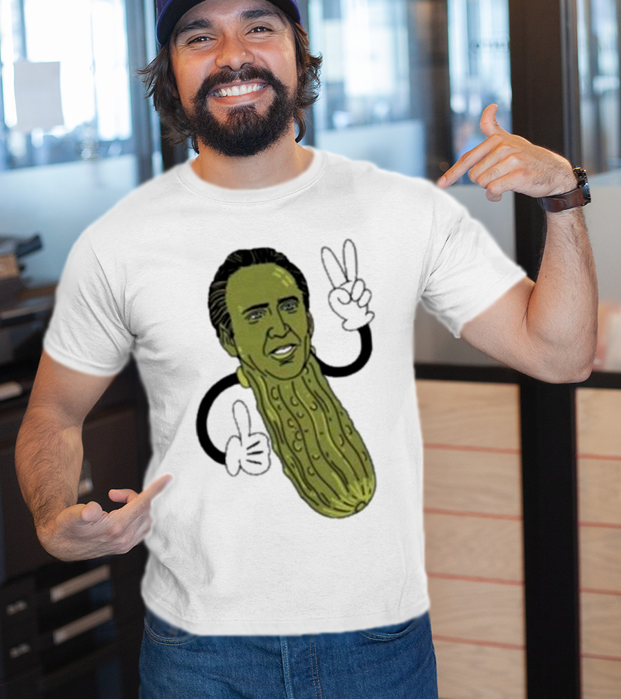 Picolas Cage Nick Cage Pickle Character With Peace Sign Christmas T-Shirt
