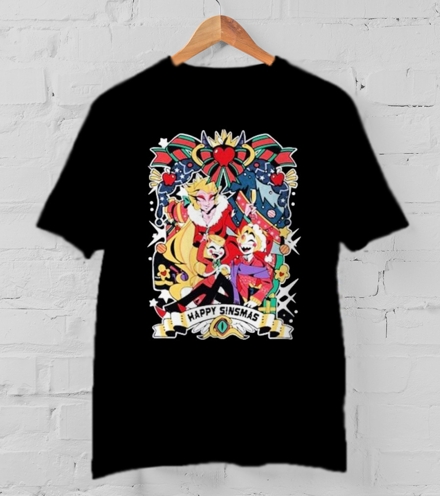 Hazbin Hotel Happy Sinsmas Christmas Celebration With Characters And Holiday Decorations T-Shirt