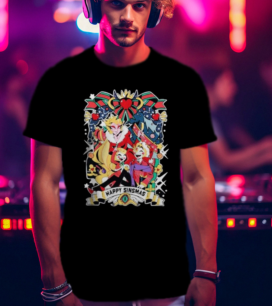 Hazbin Hotel Happy Sinsmas Christmas Celebration With Characters And Holiday Decorations T-Shirt