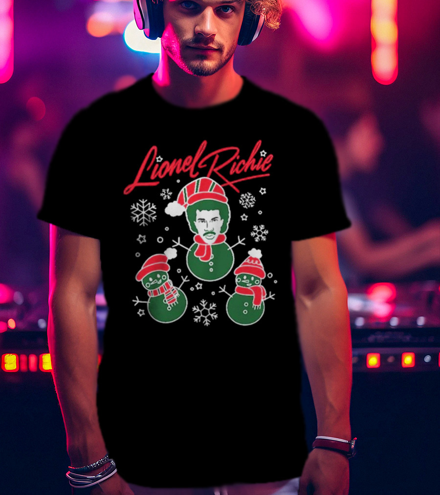 Lionel Richie Festive Snowman Trio With Red And Green Accents T-Shirt