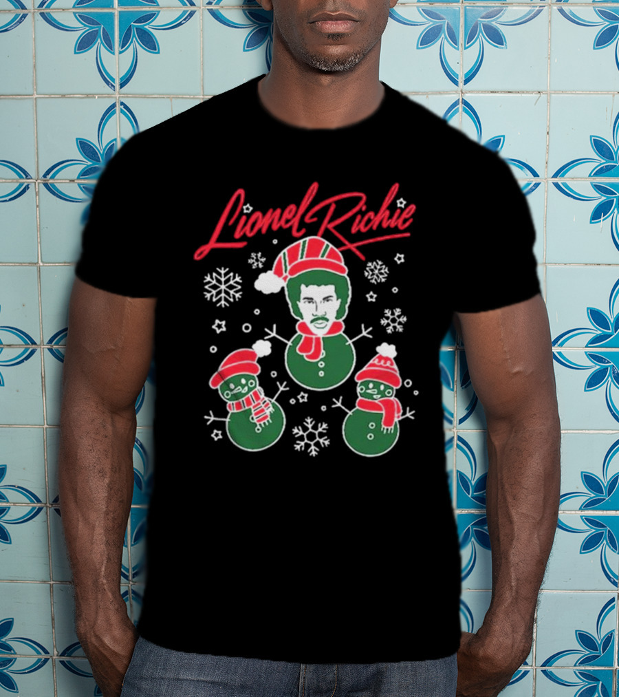 Lionel Richie Festive Snowman Trio With Red And Green Accents T-Shirt