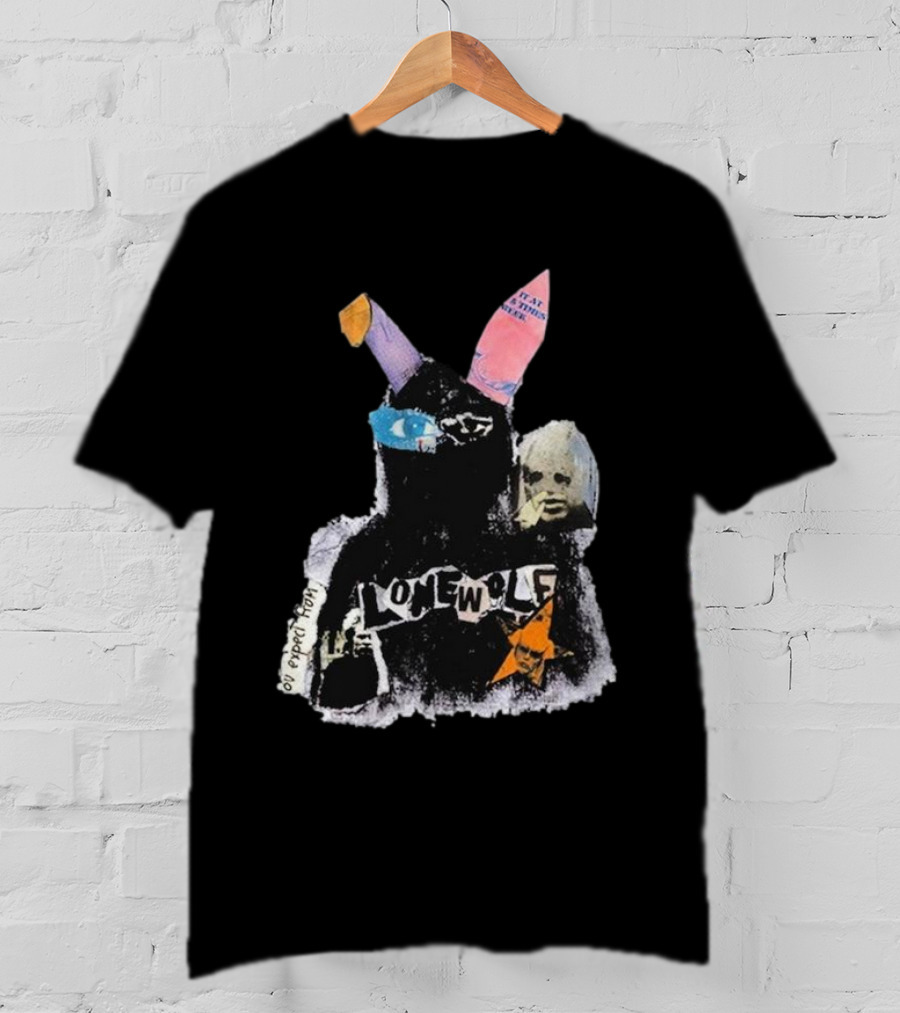 Lonewolf Bunn Psychedelic Collage With Earpiece Text And Star Elements T-Shirt