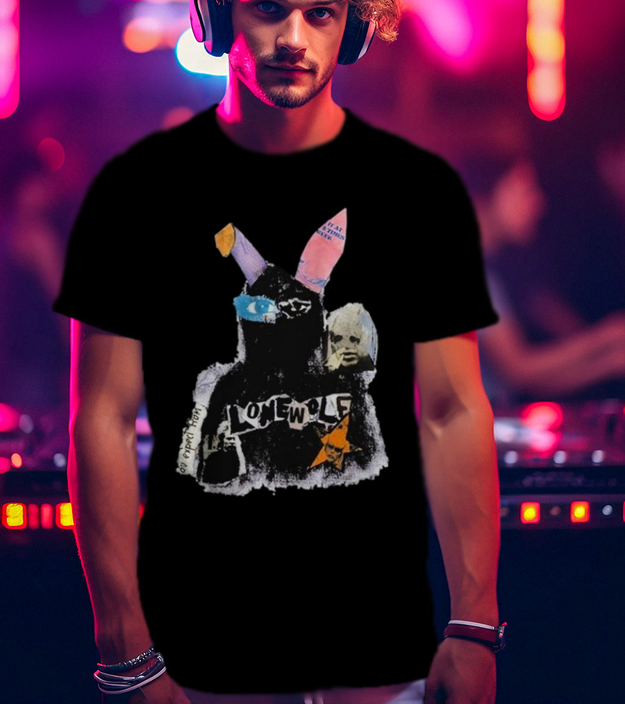Lonewolf Bunn Psychedelic Collage With Earpiece Text And Star Elements T-Shirt