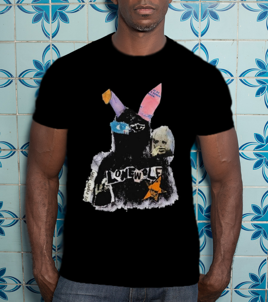 Lonewolf Bunn Psychedelic Collage With Earpiece Text And Star Elements T-Shirt