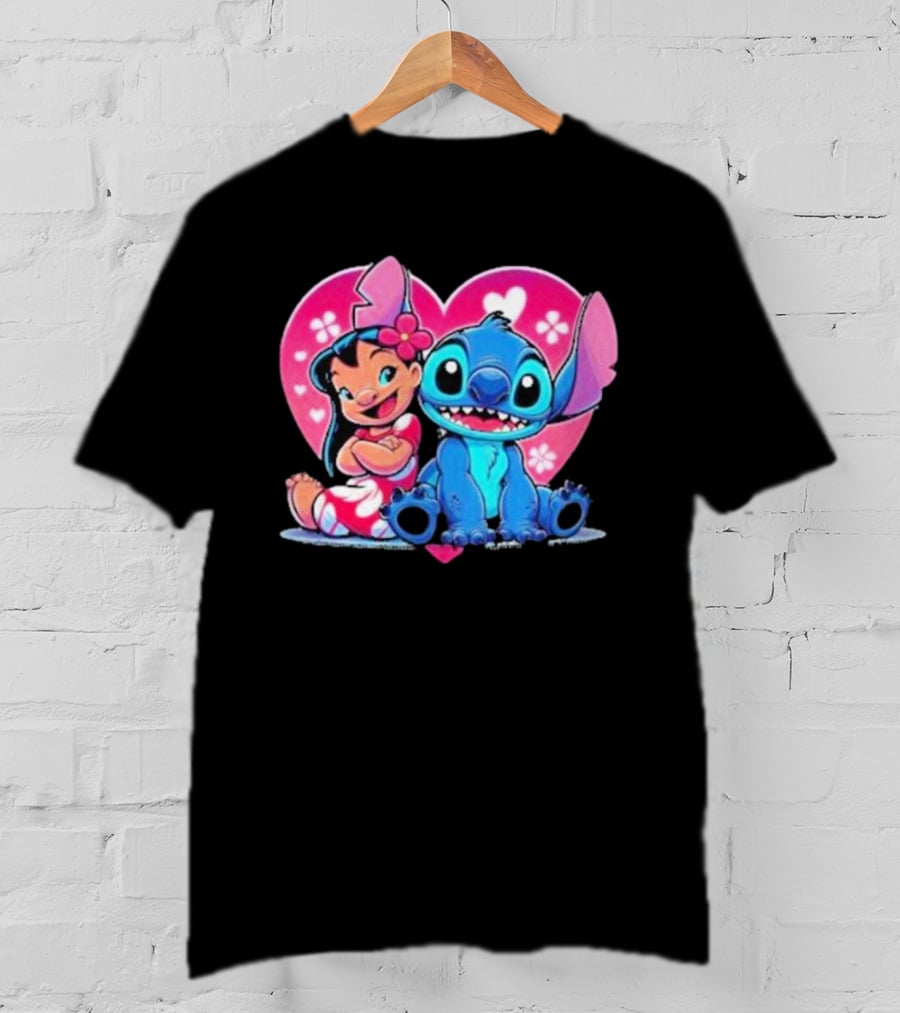 Lilo And Stitch Heart Background Pink Flower Ears Cute Characters T-Shirt