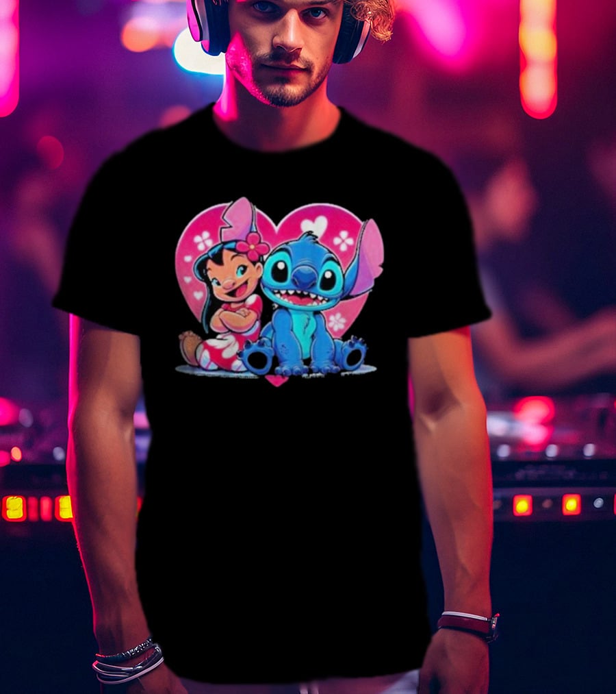 Lilo And Stitch Heart Background Pink Flower Ears Cute Characters T-Shirt