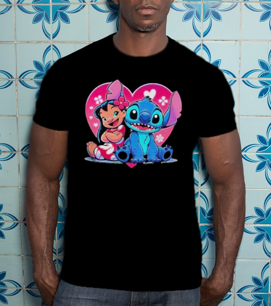 Lilo And Stitch Heart Background Pink Flower Ears Cute Characters T-Shirt