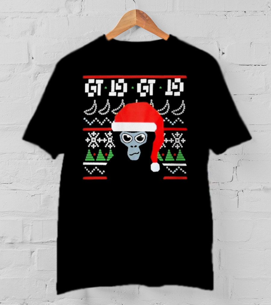 GT IS GT IS Festive Monke Claus Santa Hat Christmas Trees Snowflakes T-Shirt