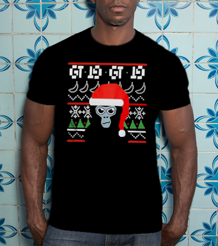 GT IS GT IS Festive Monke Claus Santa Hat Christmas Trees Snowflakes T-Shirt