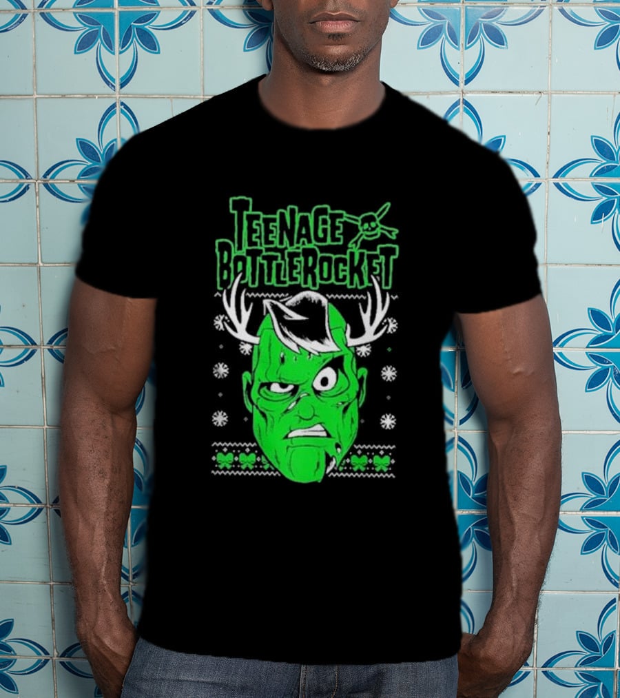 Teenage Bottlerocket Green Grumpy Face With Antlers Snowflakes Skulls Christmas T-Shirt