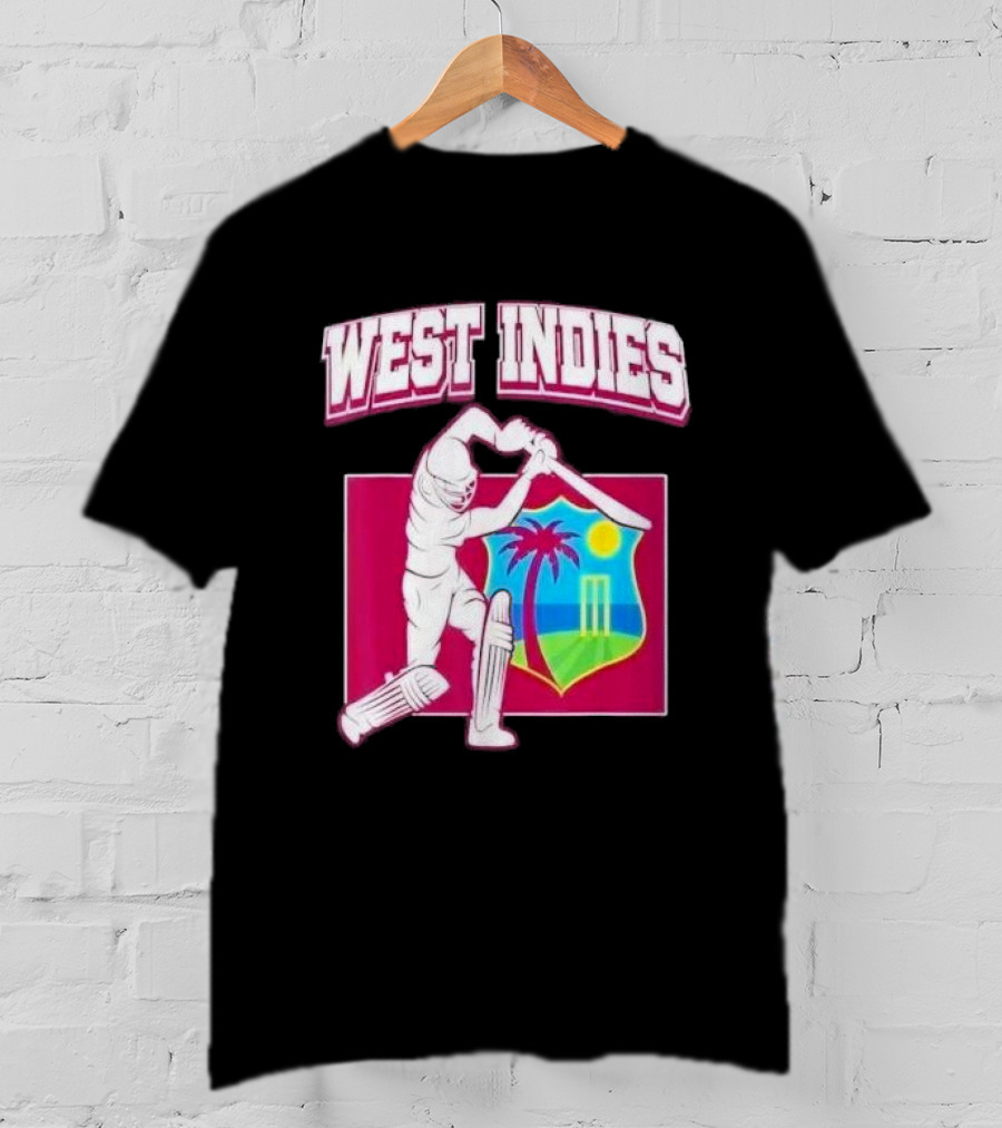 West Indies Cricket Windies Logo Batsman Palm Tree Stumps Sun Crest T-Shirt